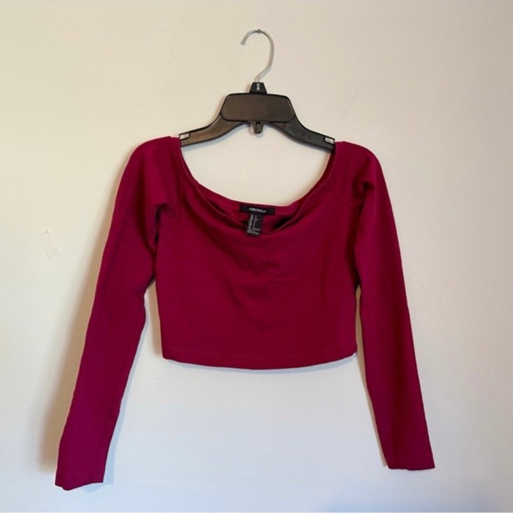 Forever 21 Berry Long Sleeve Cropped Scoop Neck Top